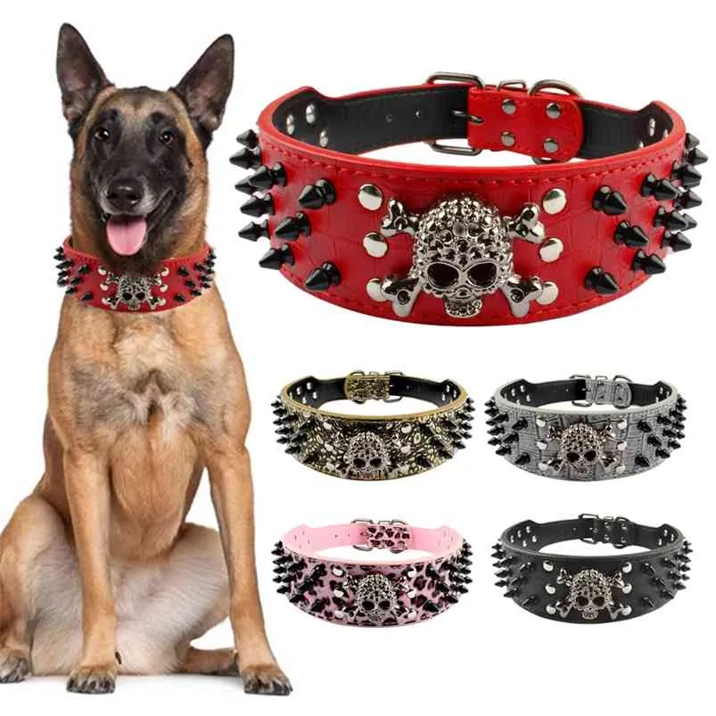 2 "Wide Spiked Studded Leather Dog Collar Bullet Rivets med Cool Skull Pet Tillbehör för Meduim Stora hundar Pitbull Boxer S-XL 210729