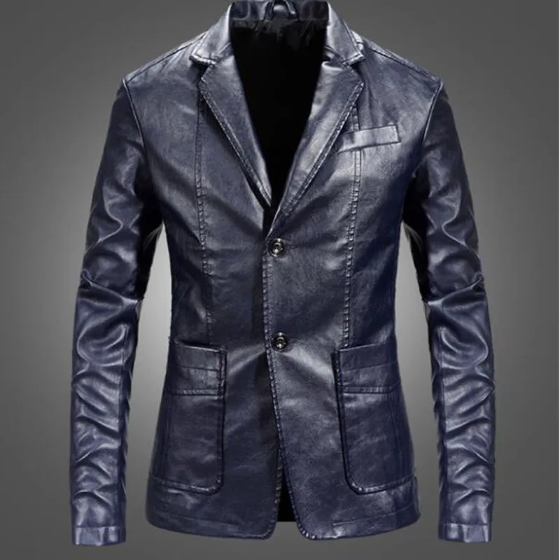 PU Couro Blazers Homens Casual Mens Terno Casaco Casual Motocicleta Motocicleta Faux Leather Fato Homme Traje