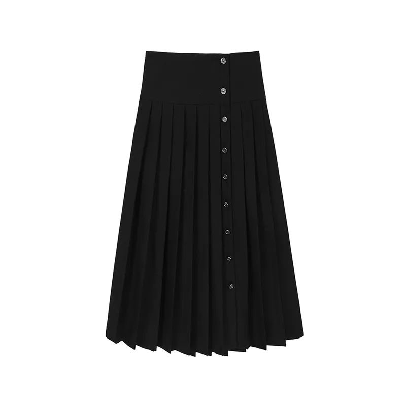 Elegant Black Pleated Mid Length Skirt Women Korean Style Single