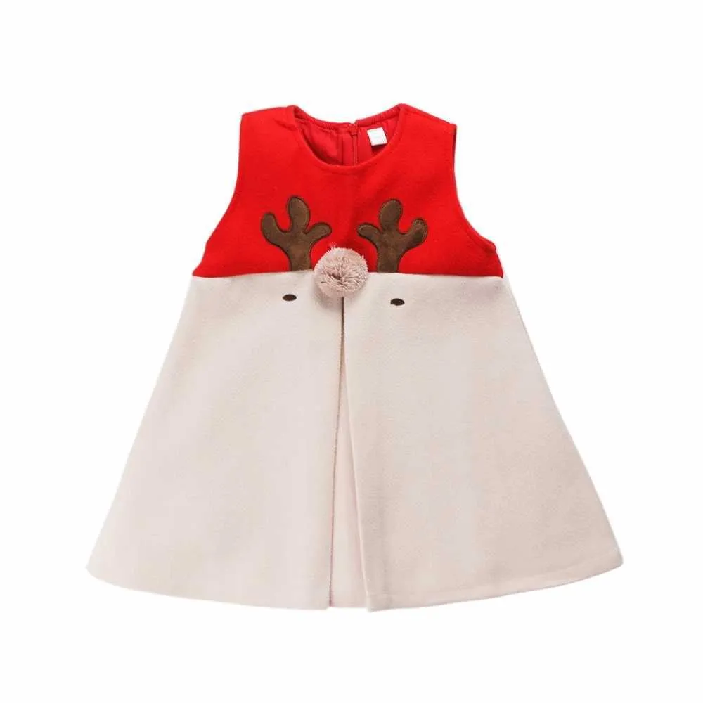 Baby Girls Christmas Red Cashmere Dress Kids Cartoon Xmas Elk Reindeer Skirt Classic Color Patchwork Warm Overall Party Princess Dresses Cos