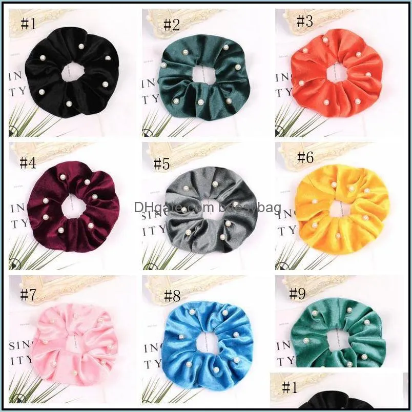 Women Hair Scrunchies Pearl Hair Ties Ropes Velvet Hairbands Stretchy Hairbands Ponytail Holder Girls Accessories 9 Colors