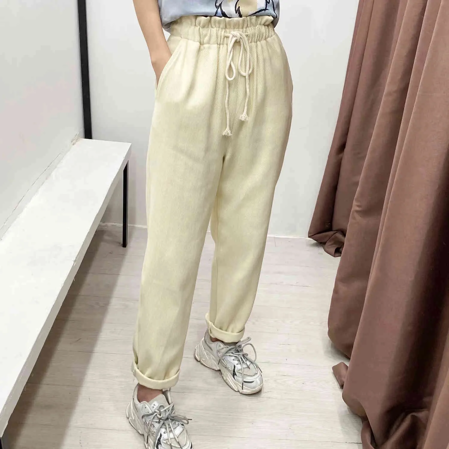 Women Casual Solid Twill Straight Trousers Pockets Elegant Streetwear Vintage High Waist Loose Pants For Fremale 210521