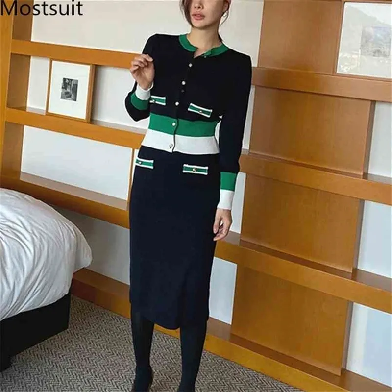Höst koreanska färgblockade stickade tvåbit kjol kostym sätter kvinnor långärmad cardigan + elastisk midja damer 210513