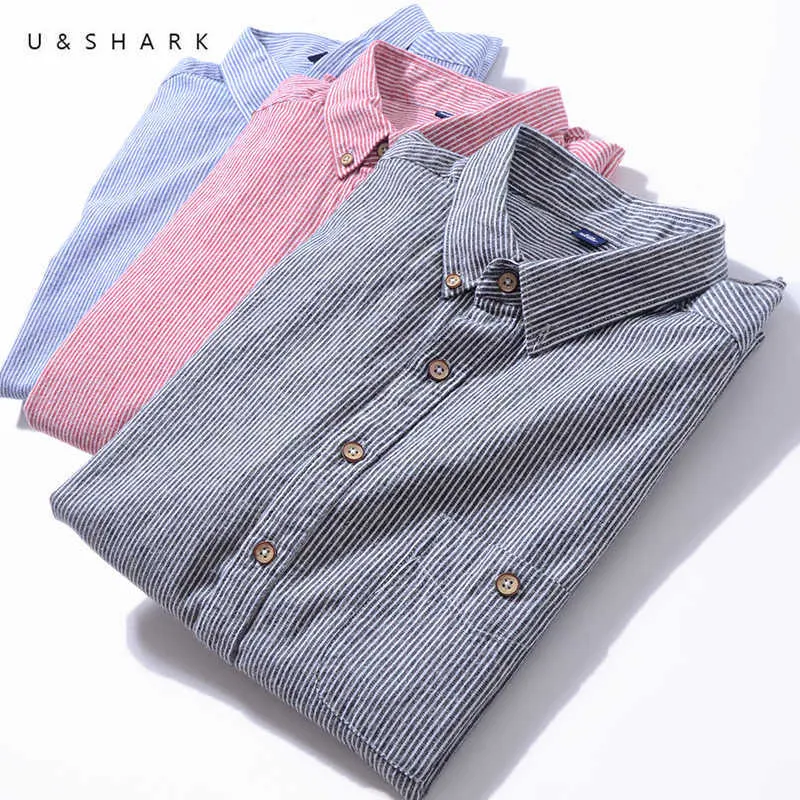U&SHARK Striped Shirts for Men Long Sleeve Casual Shirt Cotton Oxford Dress Shirt Red Blue Slim Fit Business Formal Soft Fabric 210603
