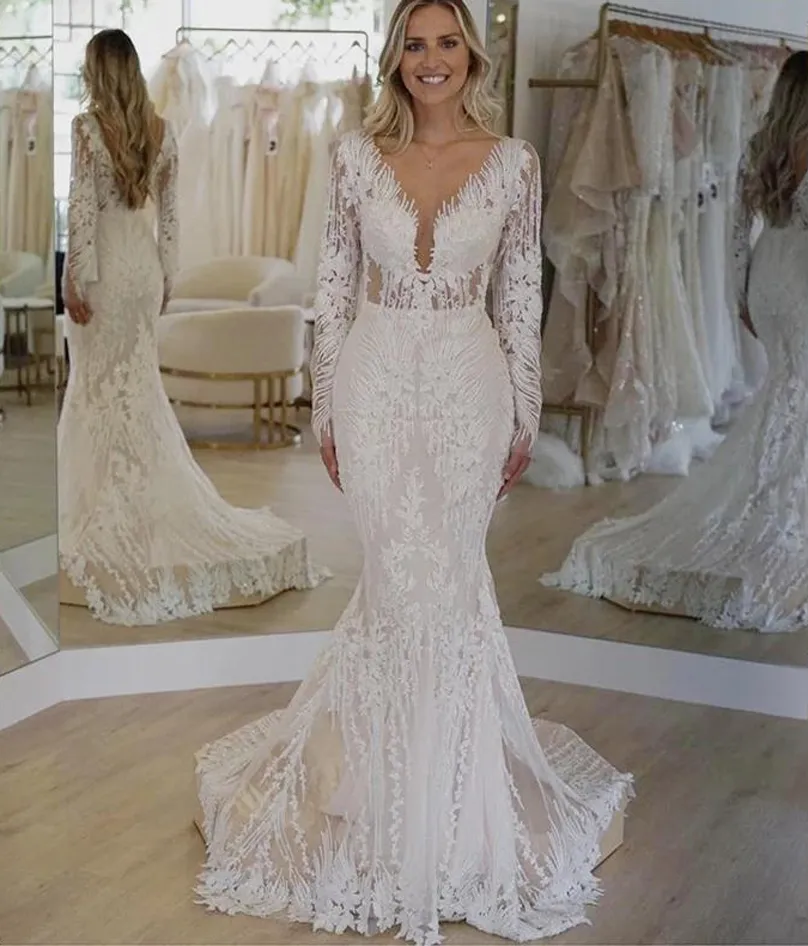 Boho Dantel Denizkızı Gelinlik Uzun Kollu Gelinlik Derin V Boyun Süpürme Tren Aplike Sırtsız Gelin Elbise Vestido De Novia