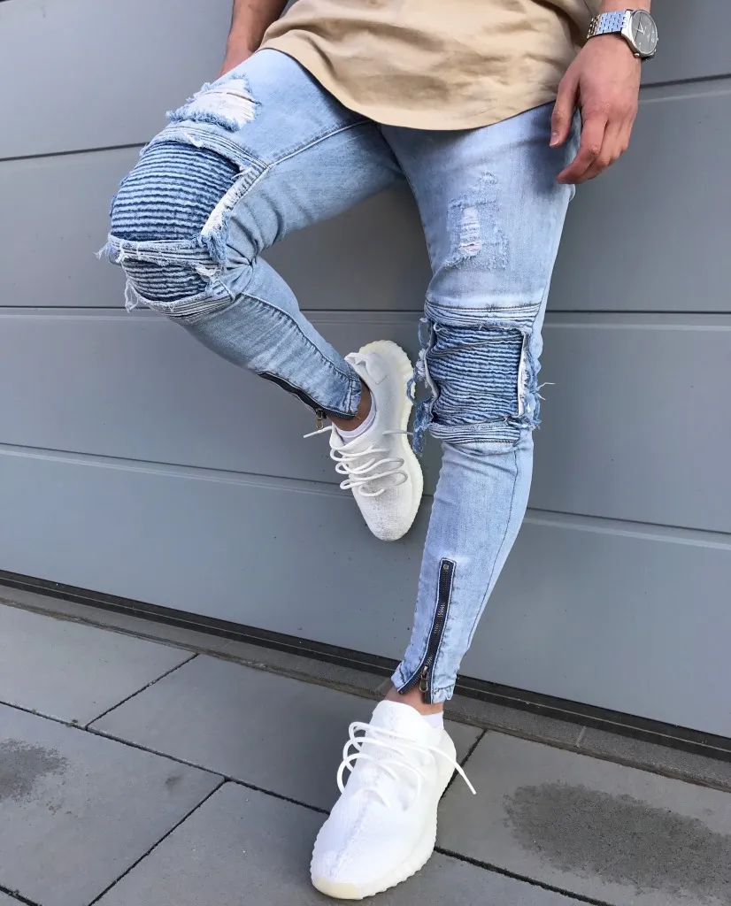 Ripped Biker Jeans for Men White Blue Knee Pleated Ankle Zipper Slim Fit Cut Destroyed Skinny Jean Pants
