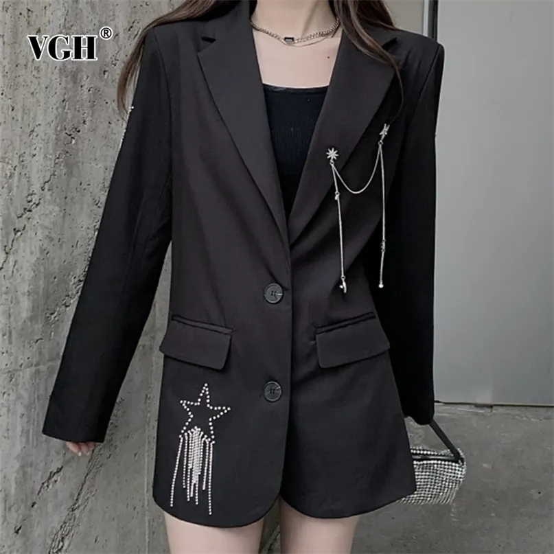 Coréen Noir Patchwork Diamond Tassel Blazer pour femmes à manches longues à manches longues droites Blazers occasionnels Femme Spring Fashion 210531