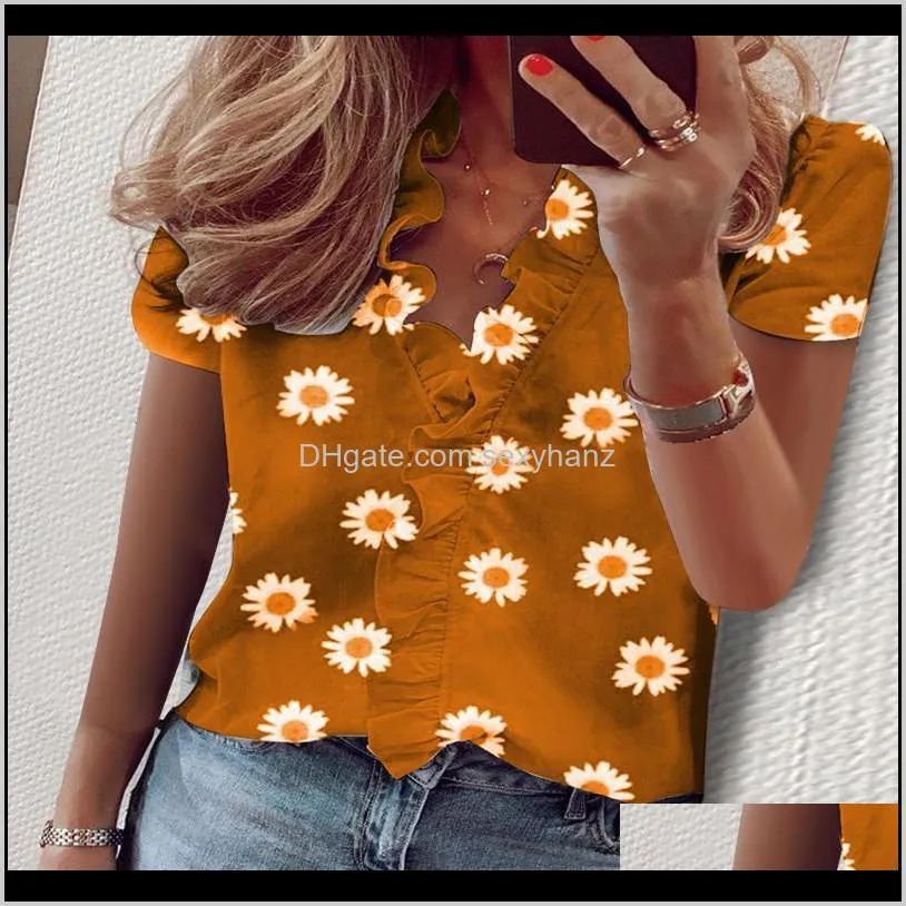 plus size lady daisy pineapple print ruffle blouse shirts office 2020 summer short sleeve elegant blouses women sexy v-neck tops1