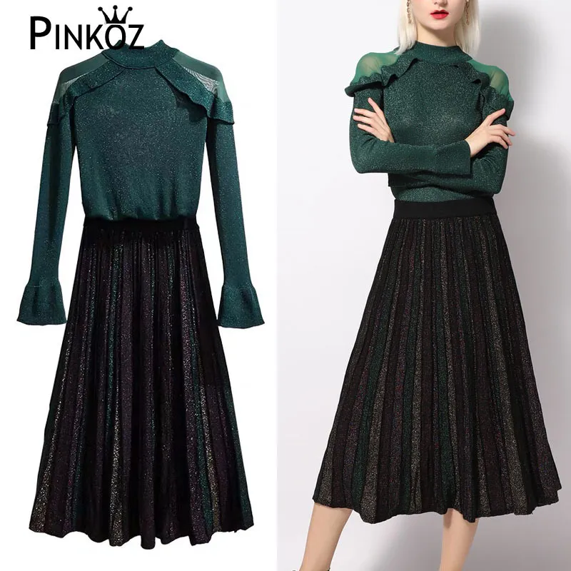 Green Spring Ruffle Piece Set Kvinnor Bright Silk Stickad Sweater + Hög Waist Pläterad Midi Skirt Set Kvinnor 2 Suit 210421