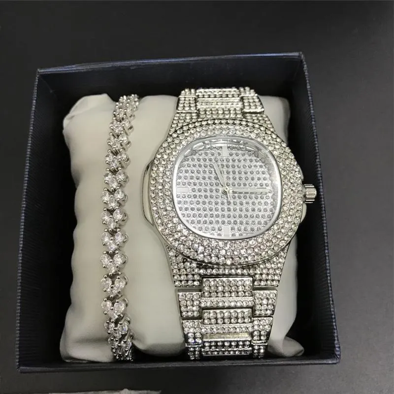 Brincos colar de luxo homens prata cor relógio braclete combinado conjunto fora jóias cubanas cadeia de hip hop elegante