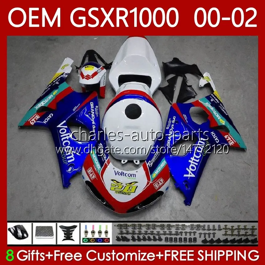 Injektionsformkroppar för SUZUKI GSXR-1000 GSX R1000 GSXR 1000 CC 01-02 Bodywork 62No.0 1000cc GSXR1000 K2 00 01 02 GSX-R1000 2001 2002 2002 OEM Fairing Kit Glänsande blå