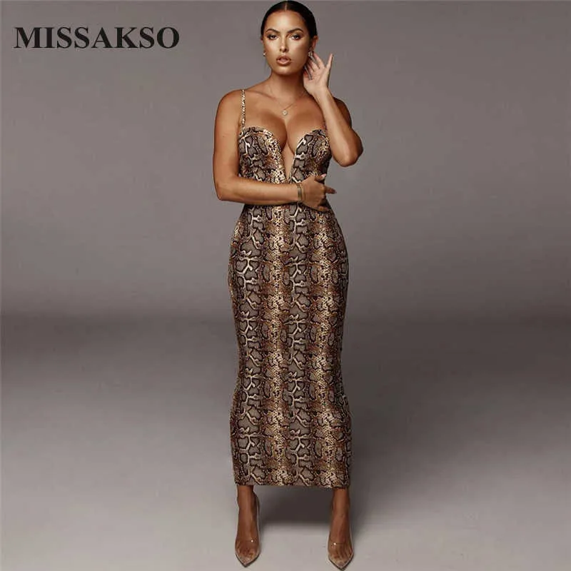 Missakso Snake Print Druk Midi Club Elegancka głęboka na szyja przyjęcie bez pleców Slim Women Summer Sexy Spaghetti Strap BodyCon Sukienka 210625