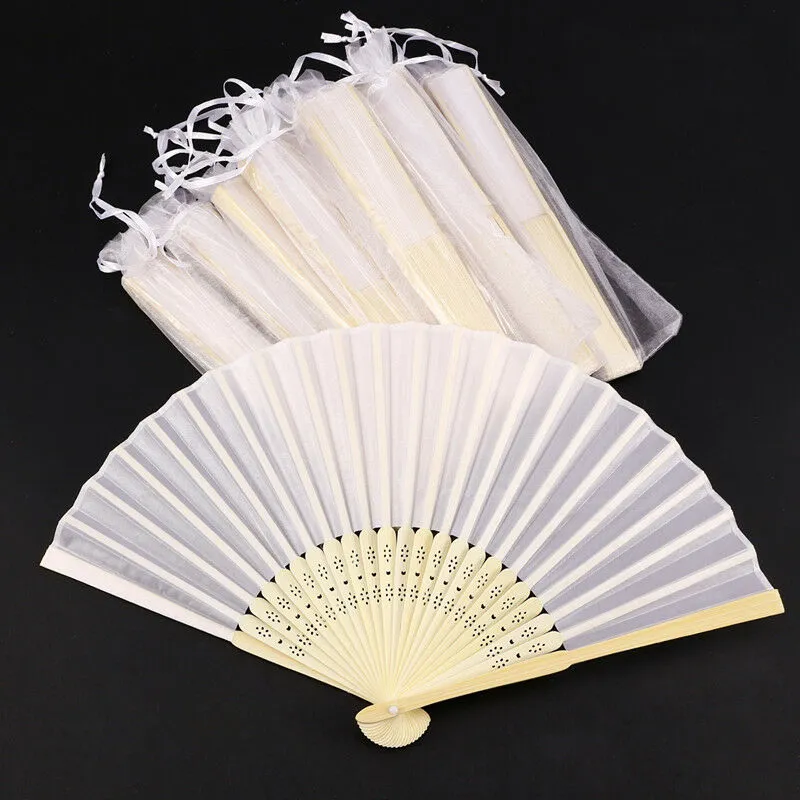 50st Custom Printed Wedding Fan With White Color Event Party Supplies Portable Folding Fans i Organza Bag