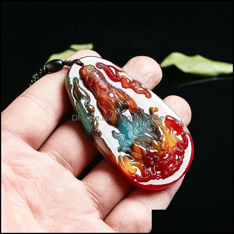 Colorful Jade Riding Dragon Guanyin Charms Jade Pendant