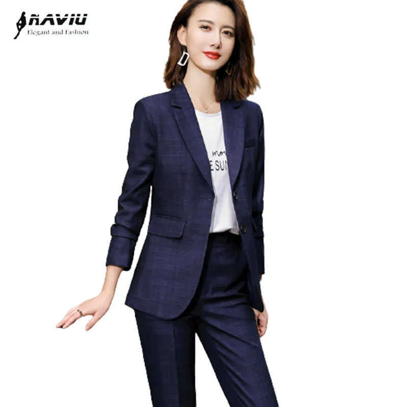 Navy Blue Plaid Suit Higt Eed Formal Interview Business Slim Blazer And Pants Office Ladies Fashion Work Wear Black 210604