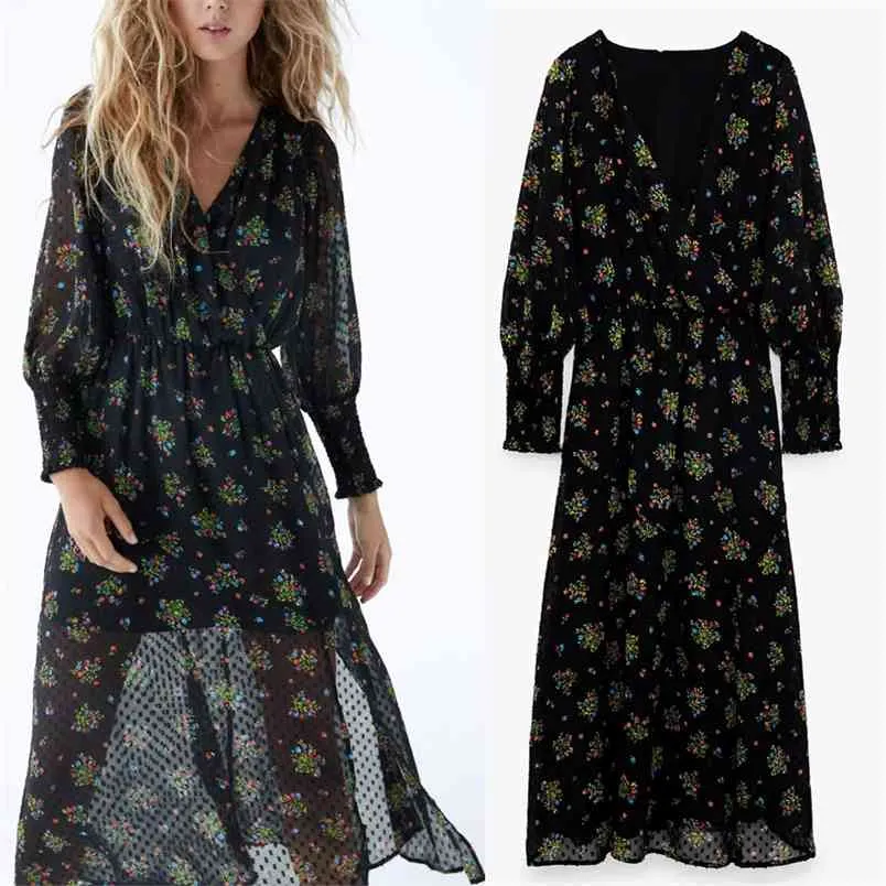 Noir Floral Imprimé Plumetis Tulle Robe Midi Femmes Vintage Col En V À Manches Longues Voir À Travers Femme Taille Élastique 210519