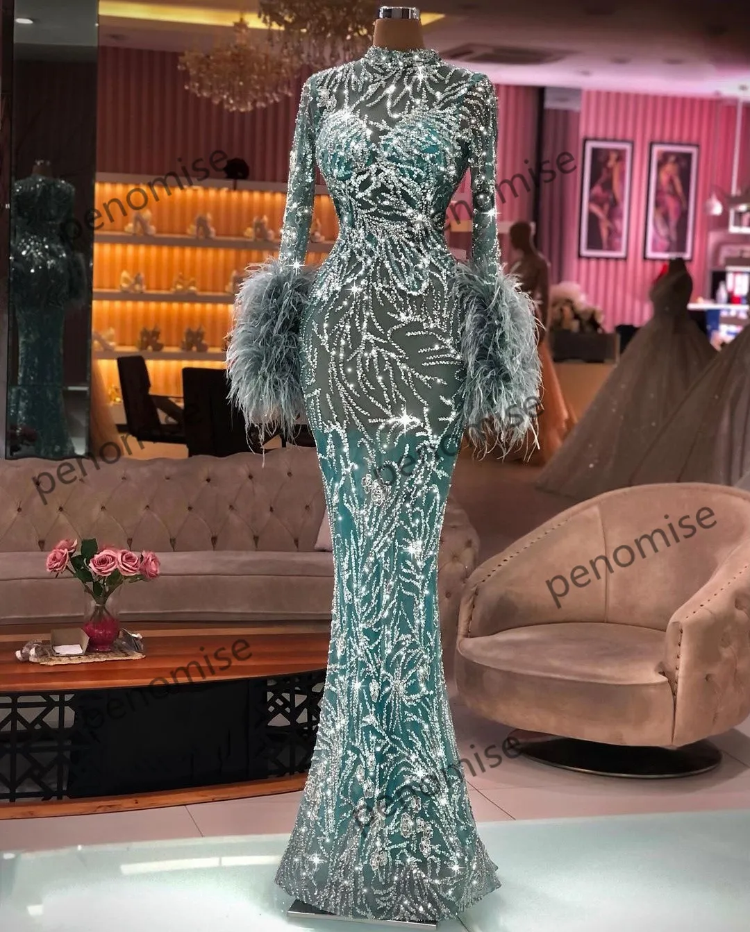 2022 Sparkle Mermaid Abendkleid Sheer Langarm Prom Kleider Federn Illusion Pailletten Anpassen Kleider für den zweiten Empfang230l