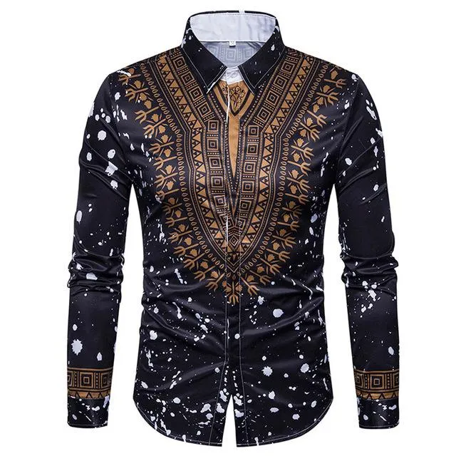 Drukowanie Lapel Long Sleeve Slim Fit Casual Shirt Tradycyjne afrykańskie afrykańskie dasiki Formalne Camisas Masculinas 2021 Koszule