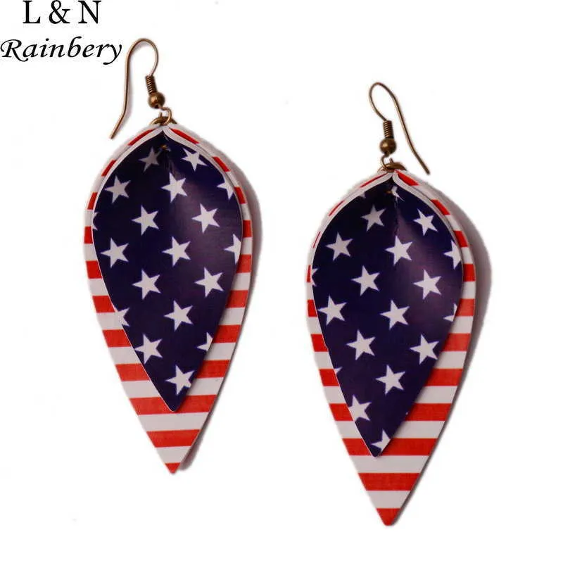Rainbery American Flag 가짜 가죽 눈물 귀걸이 꽃잎 잎 귀걸이 바 가짜 가죽 귀걸이 독립 기념일 JE0766 Q0709