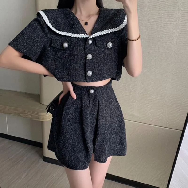 Tracksuits voor dames Koreaanse elegante vintage crop topbroek set vrouwen mode tweedelige bladerde mouw shirt hoge taille shorts 2 pakken