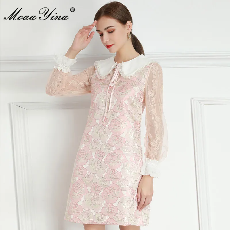 Fashion Designer dress Spring Women's Dress Beaded Peter pan Collar Lace Long sleeve Rose Jacquard Pink Dresses 210524
