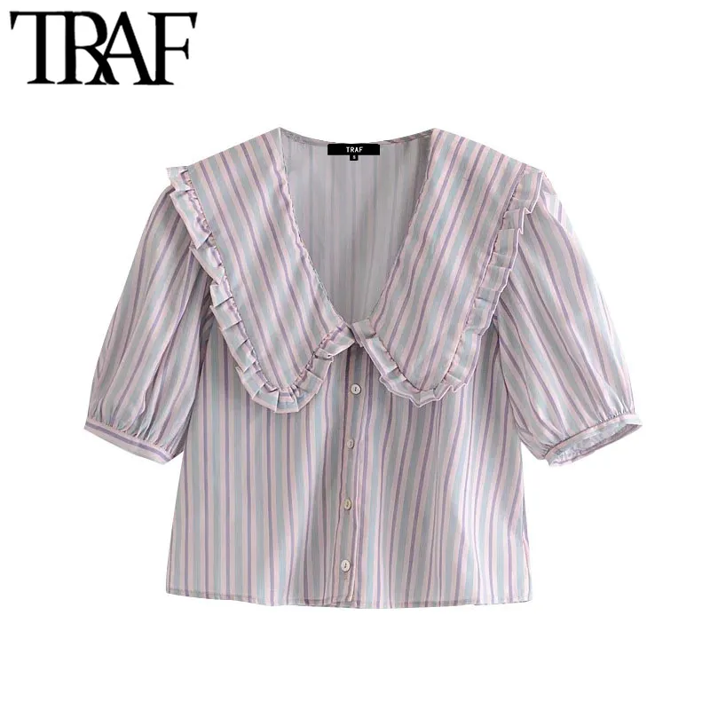 Traf Women Sweet Fashion Peter Pan Kołnierz w paski Bluzki Vintage Puff Sleeve Butom-up żeńskie koszule Blusas Chic Tops 210415