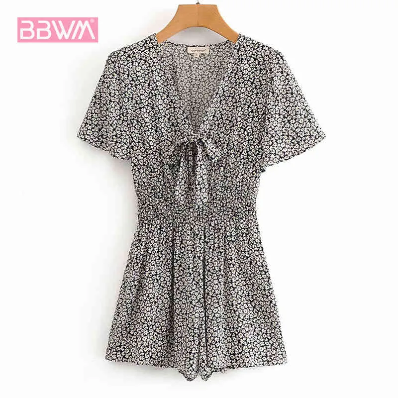 V-Neck Kwiatowy Krótki rękaw Waist Harajuku Słodkie Kobiety Jumpsuit Letnie Plaża Wypoczynek i Idylliczny Świeży Chic Kobieta Kombinezon 210507