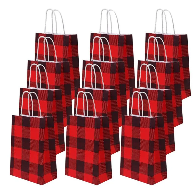 Red and Black Plaid Christmas Paper Party Bags Kraft Gift Bag with Handle for Christmas Celebrations LX4345