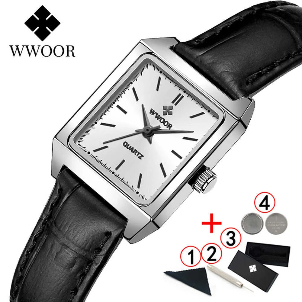 Wwoor Business Watch Kvinnor Lyxmärke Kvadratisk Klänning Liten Ring Ladies Armbands Klockor Läder Kvinna Klocka Reloj Mujer 210527