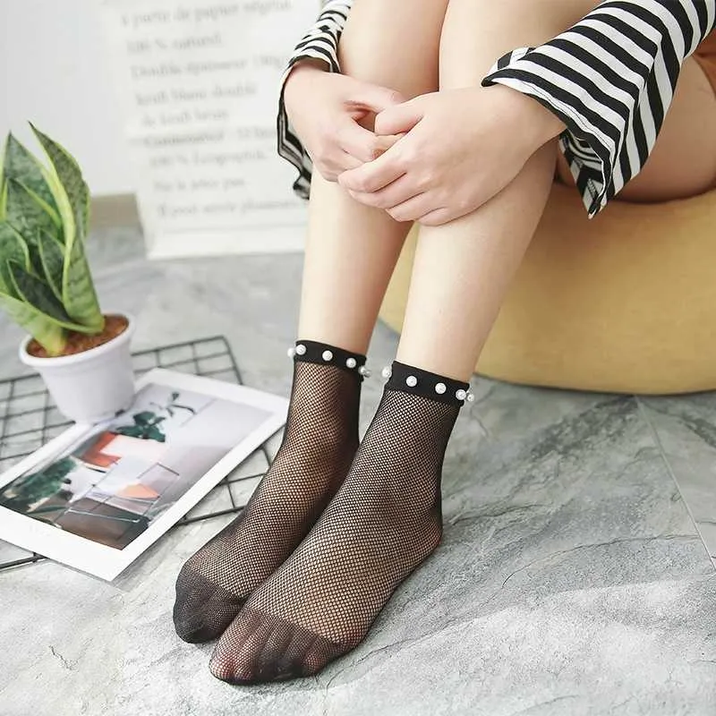 Dunne Cross Mesh Socks Nail Pearl Vrouw Butterfly Eye Fashion Black 2111201