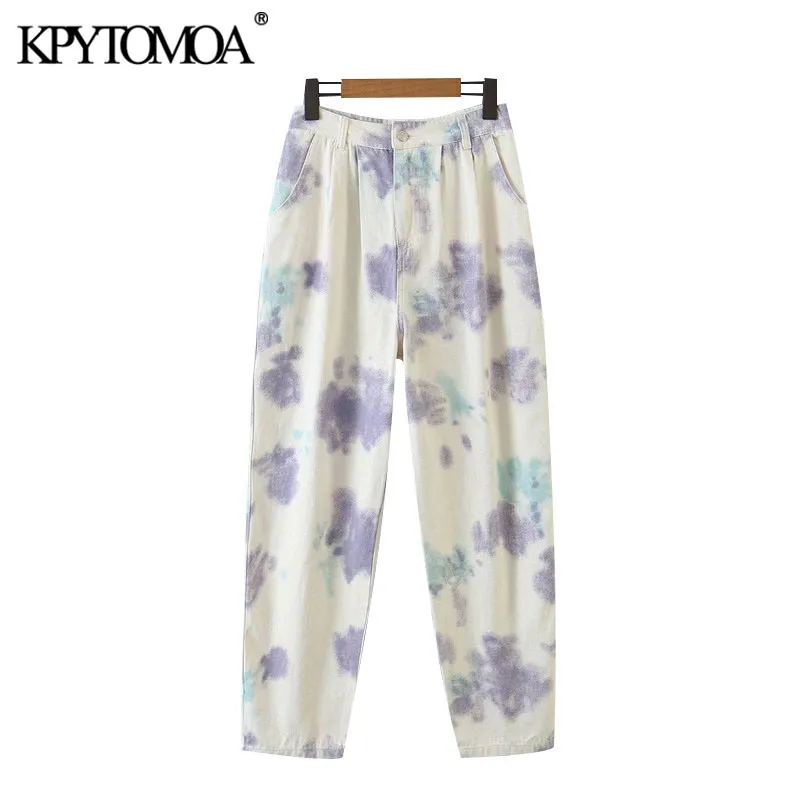 Femmes Chic Mode Tie-dye Imprimer Poches Latérales Pantalon Vintage Taille Haute Zipper Fly Femme Cheville Pantalon Mujer 210416