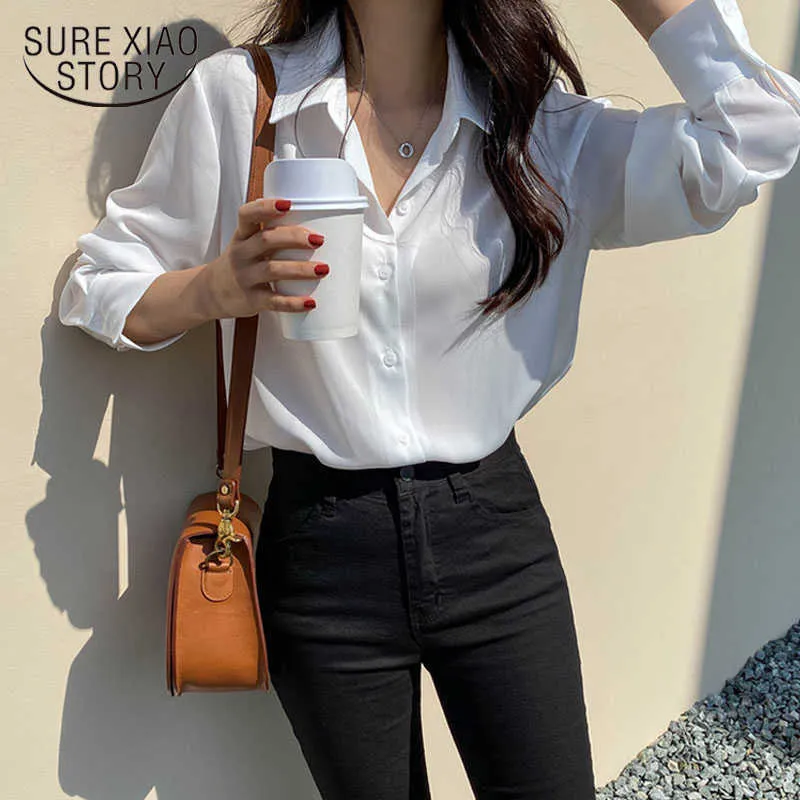 Moda Donna Top e camicetta Camicetta bianca Camicia che tocca il fondo Camicia elegante nera chic Office Lady Abbigliamento coreano All-match 11397 210527