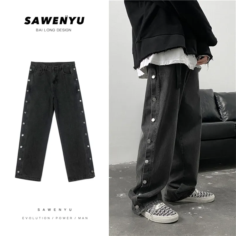 Double bouton latéral droite Jeans hommes mode Streetwear lâche décontracté Hip Hop pantalon large jambe Harajuku Cargo pantalon 211108