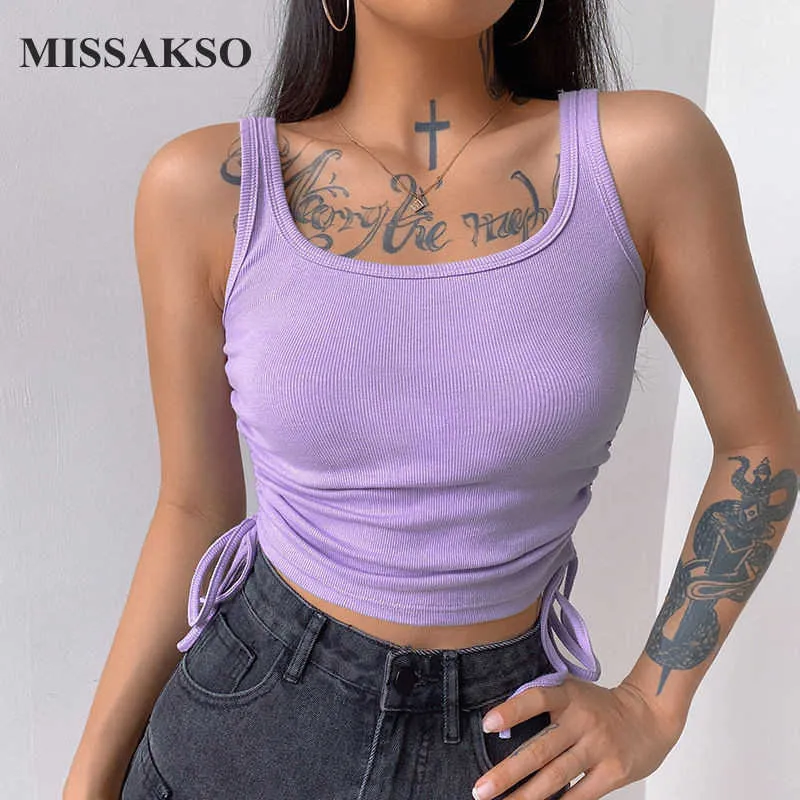 Missakso Women Sexy Crop Top Bandage Lace Up Club Sleeveless Lady Solid Blue Streetwear Ribbed Summer Tank Tops 210625