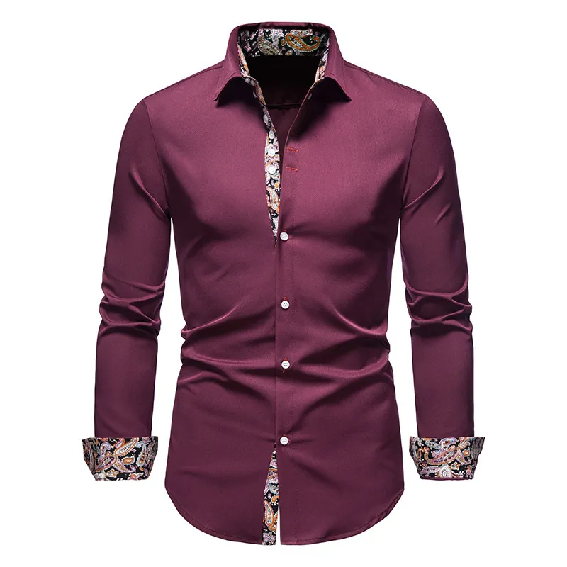 Vin Röd Paisley Mens Shirt Patchwork Slim Långärmad Casual Skjortor Män Splice Skriv ut Arbete Business Bröllop Camisa Spring Märke 210524