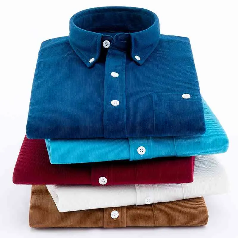 Aoliwen Merk Mannen Klassieke Corduroy Lange Mouwen Shirt Button Collar Business Casual Shirt voor Mannen Lange Mouw Flanel Highquality 210629