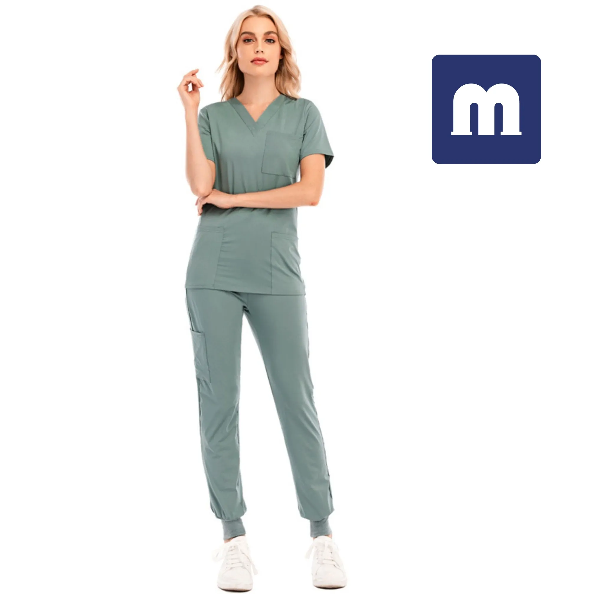 Medigo-012 Pantaloni a due pezzi da donna Tinta unita Spa Filettato Abiti da lavoro da clinica Top + pantaloni Unisex Scrubs Pet Nursing Hospital Uniform Suit