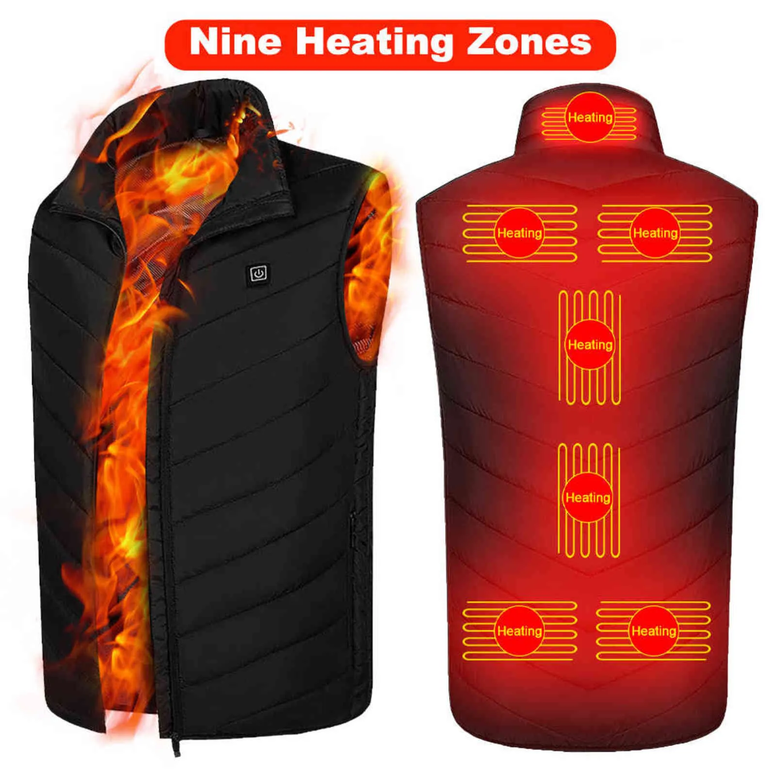 9 områden Vinteruppvärmd jacka Herrkvinnor USB Electric Heat Jackets Warm Coat Outdoor Ski Hunting Thermal Cotton Clothes Vest 211120