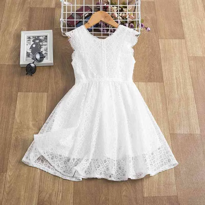 子供のための夏の韓国のレースの女の子のドレス白い綿のカーサルビーチリトル幼児子供210529
