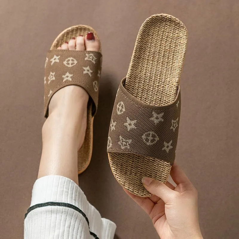 Feminine spring and autumn slippers fashion couples home indoor four seasons non-slip soft floor linen sandals large size 35-44