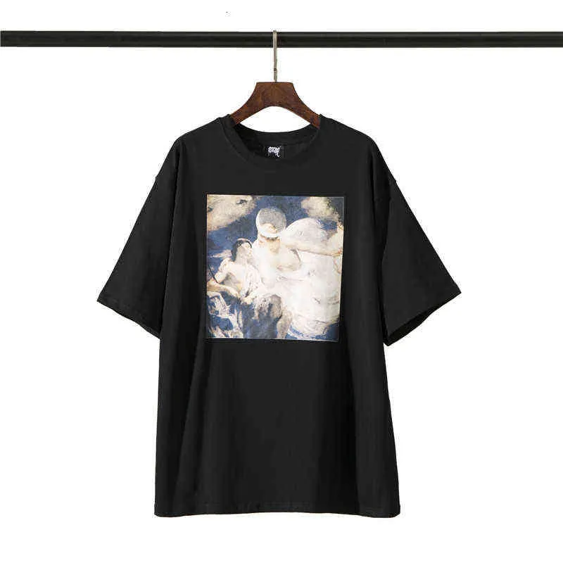 【FOGDAWN】ANGEL OFF-SHOULDER T-SHIRT Wholesale Revenge Oil Painting Angel Print High Street Short