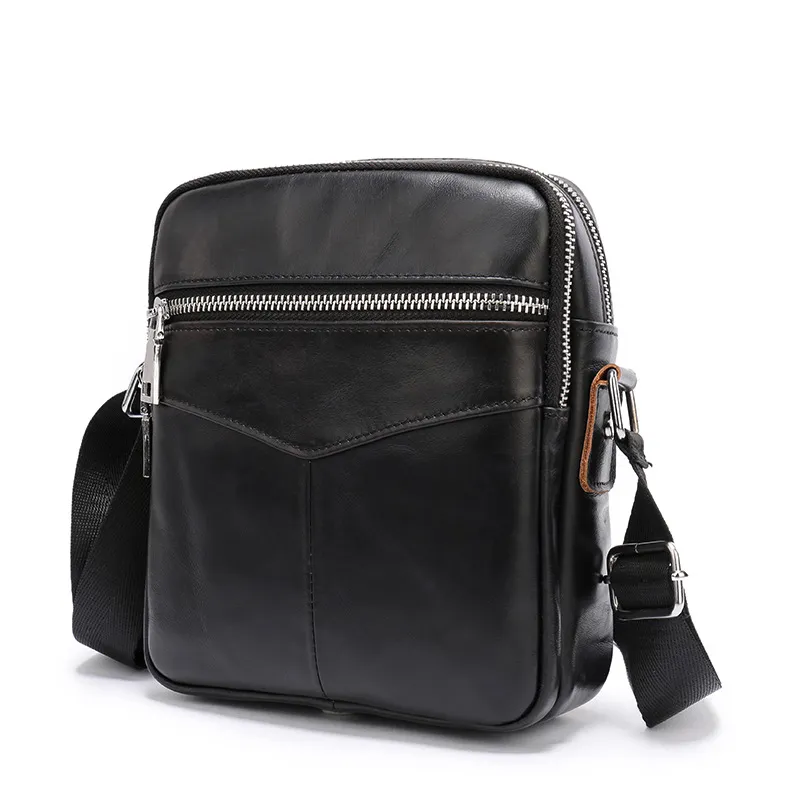 Bolsa de couro macio preta masculina portátil retangular multifuncional bolsa transversal moda casual bolsa de ombro bolso com zíper 21*19*8cm