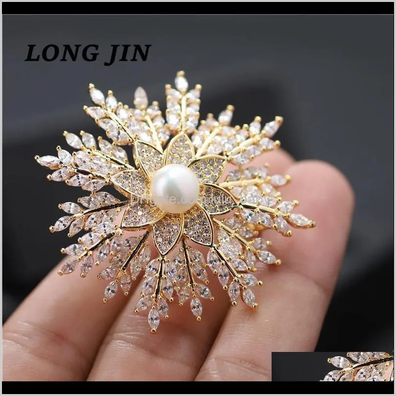 japanese and korean luxury atmosphere high-end freshwater pearl snowflake brooch micro-inlaid zircon gold silver brooch jewelry