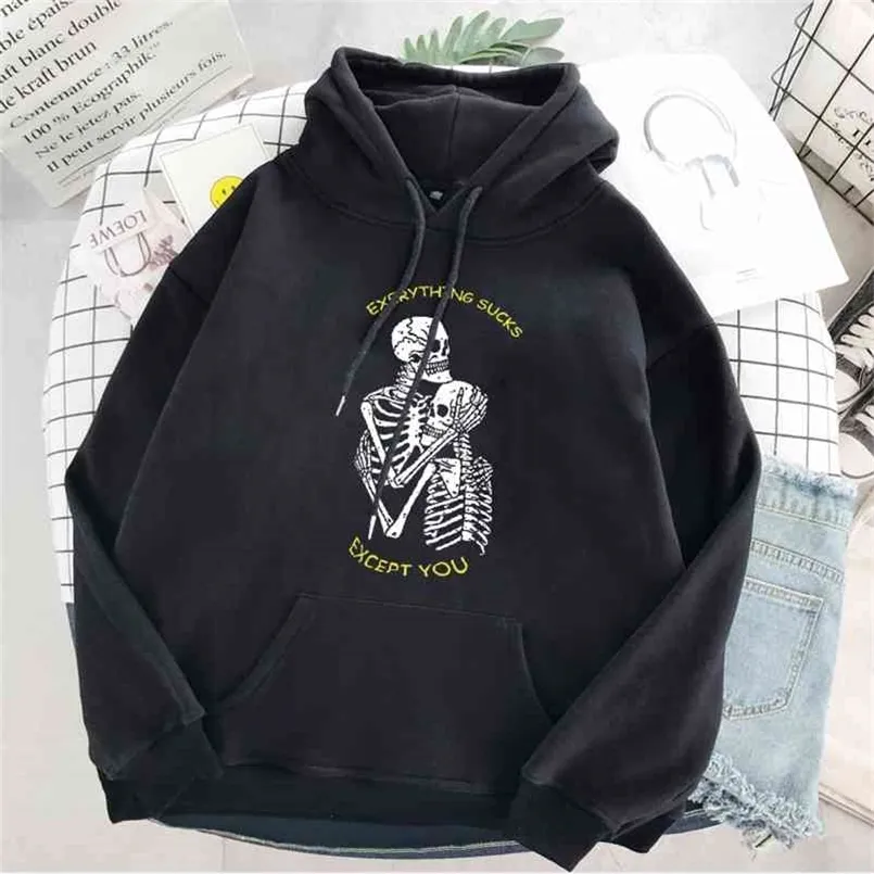 Punk Style Women's Hoodie Skull Långärmad Casual Top Goth Skelett Mörk Svart Loose Ulzzang Fashion Sweatshirt 210809