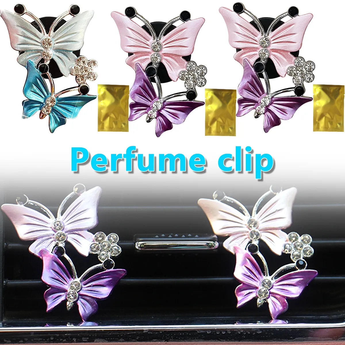 1pc Diamond Butterfly Car Perfume Freshener Two Butterflies Car Air Conditioner Outlet Clip Auto Accessories Interior Ornament