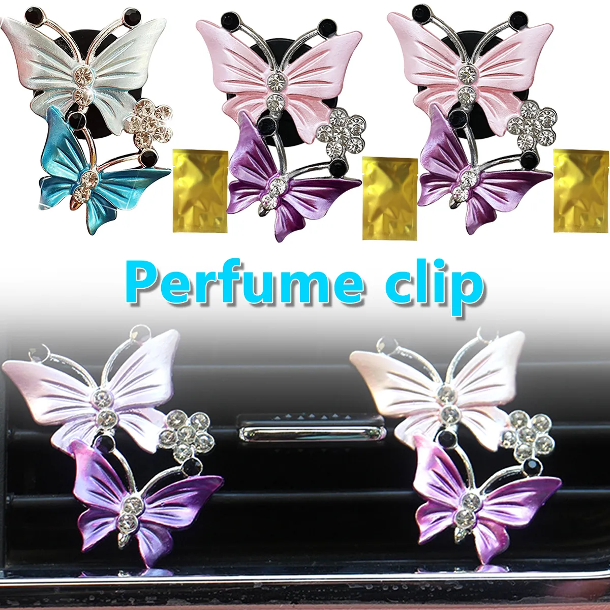 1pc diamant papillon voiture parfum désodorisant deux papillons voiture climatiseur sortie Clip Auto accessoires intérieur ornement