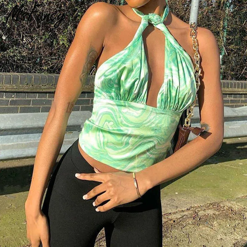 Msfancy Estate Y2K Halter Top Donna Verde Paisley Stampa Backless Haut Femme Mujer Vintage Crop Top 210604