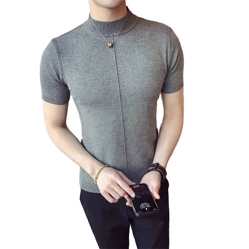 男性半袖セーターのためのファッションメンズセーターブランドの純粋な色の半襟の編み物トップス服211018