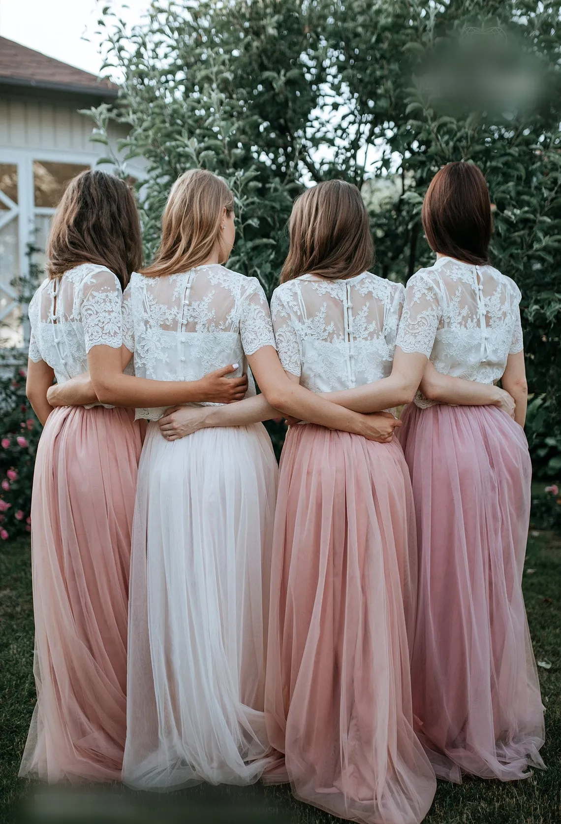 A Line Crew Neck Pearl Pink Blush Bridesmaid Dress Lace Bodice Floor Length
