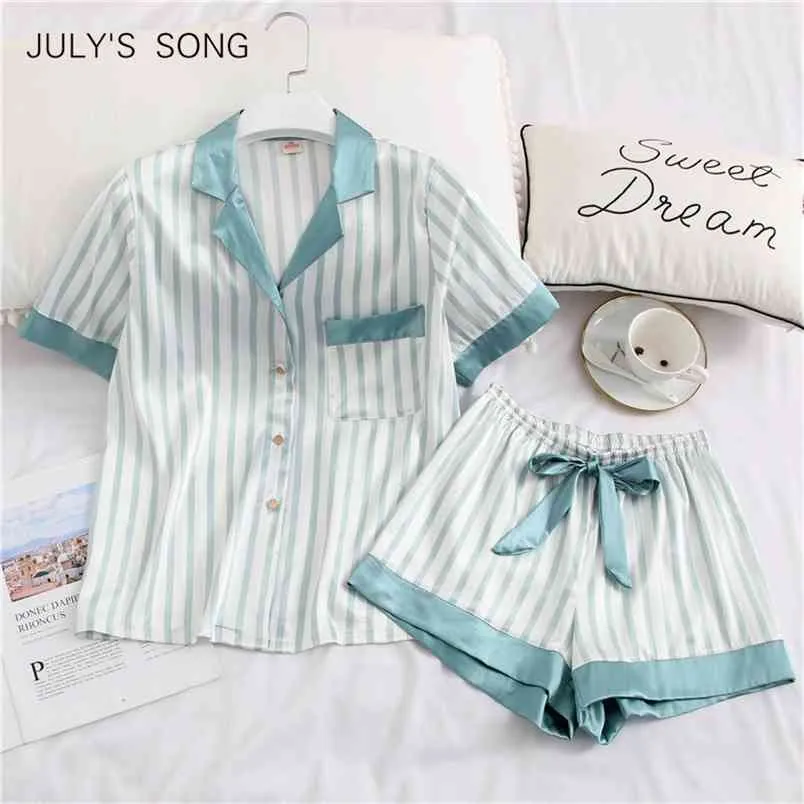 Juli's lied vrouwen pyjama set 2 stuks streep faux zijde pyjamy pak schattige eenvoudige casual nachtkleding korte mouwen shorts voor vrouwelijke 210830